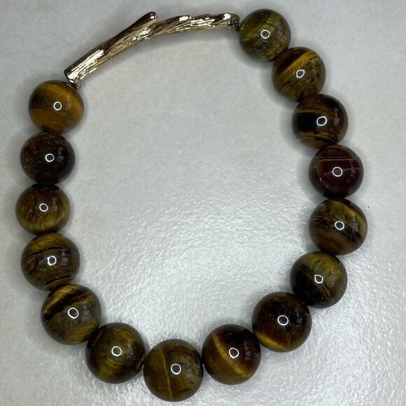 Tigers Eye Beaded Gold Tone Branch Stretch Bracelet 7in - Picture 4 of 7